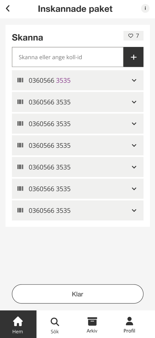 Appen Godsspårning: lista över inskannade paket
